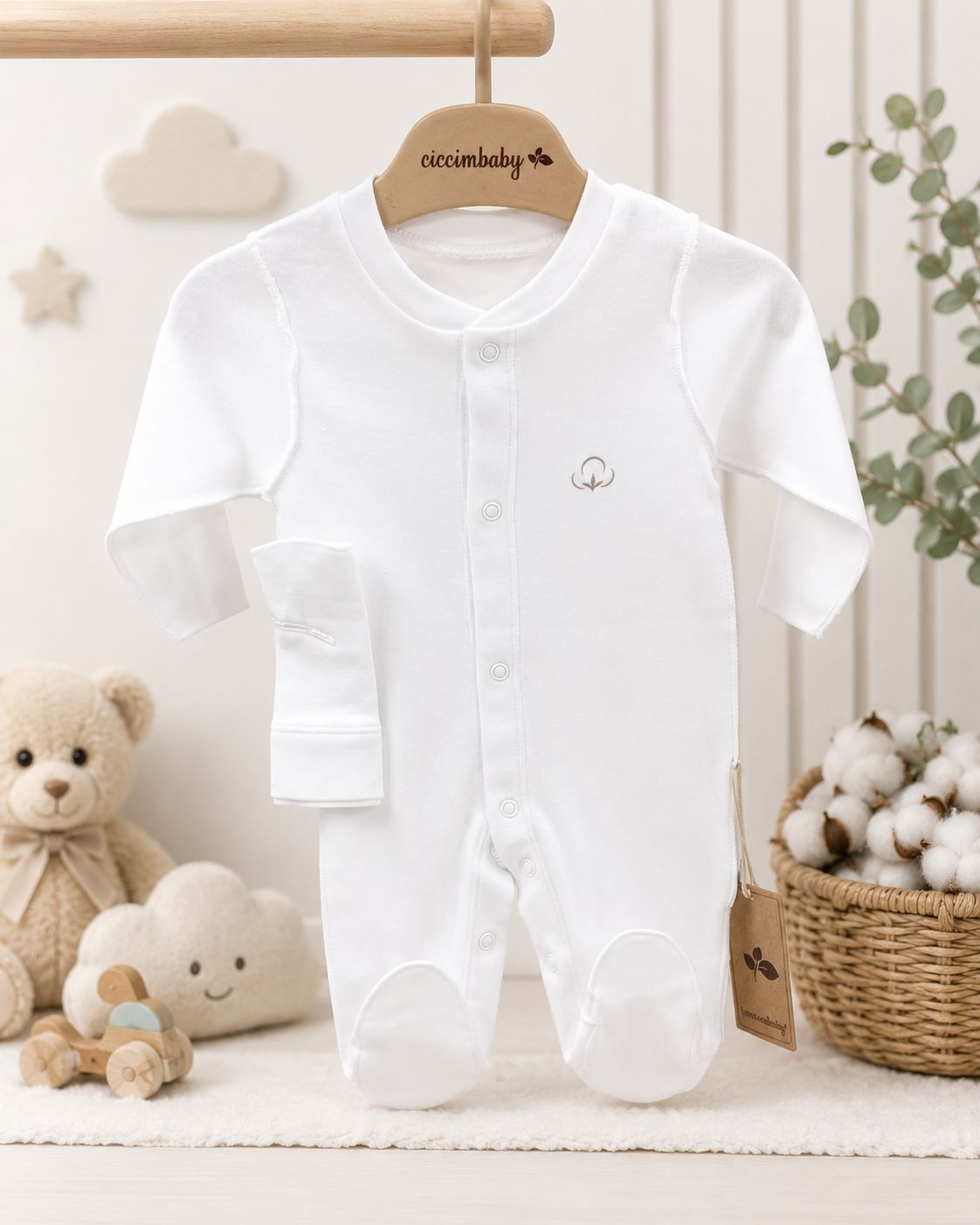 Organic Pamuklu Unisex Prematüre Şapkalı Kendinden Eldivenli Tulum
