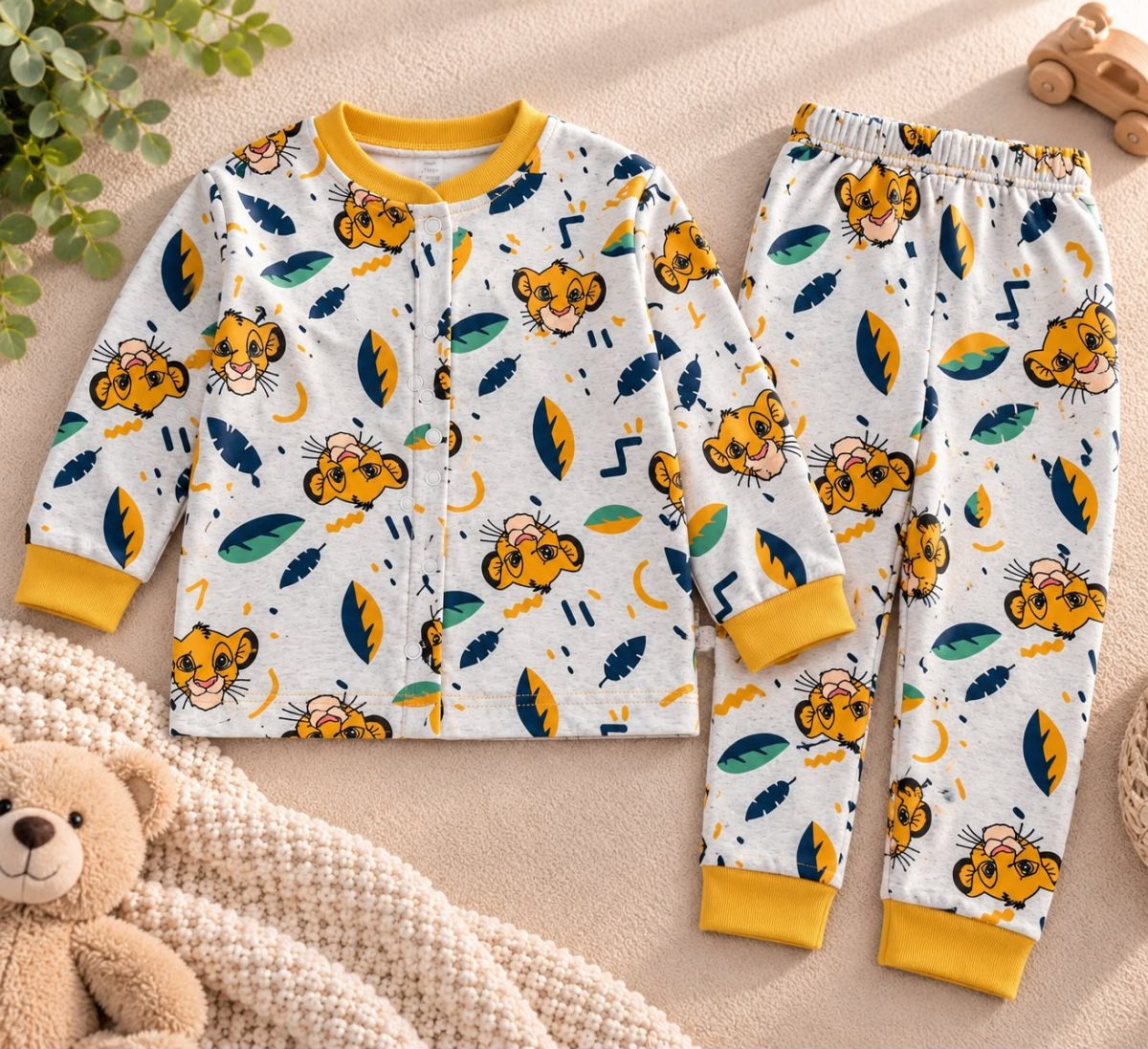 % 100 Pmuk Kumaş Aslanlı  Çıtçıtlı Pijama takımı