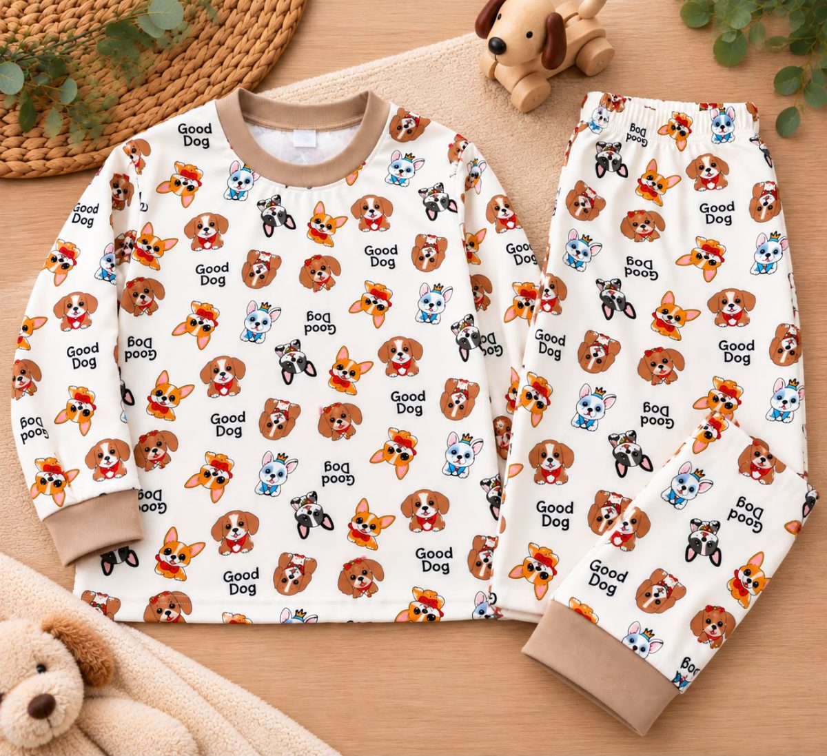 % 100 Pamuk Kumaş  Köpekli Pijama Takım