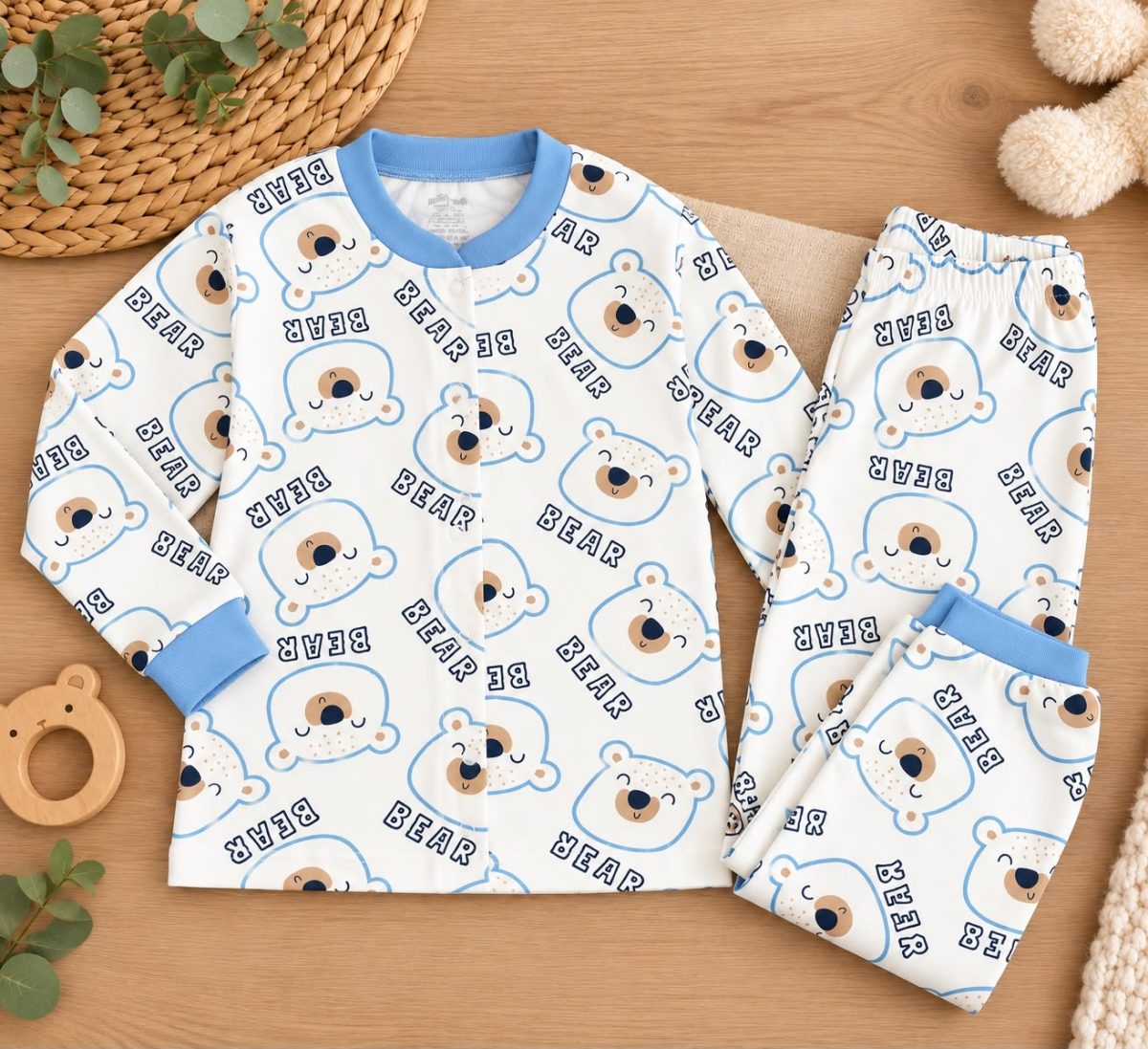 % 100 Pamuklu Çıtçıtlı  Bear Pijama Takımı