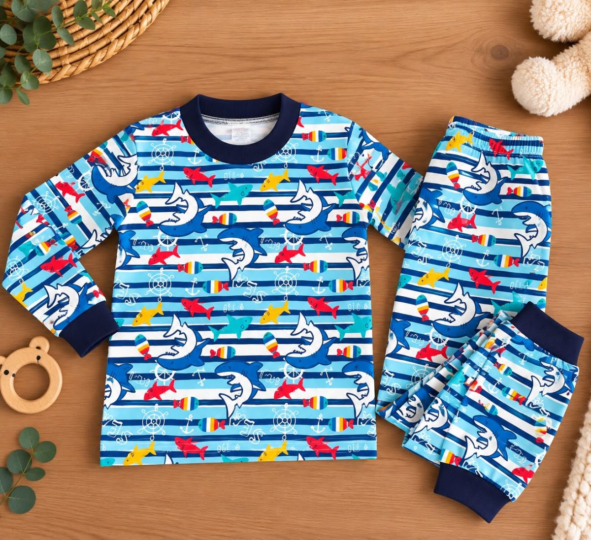 % 100 Pamuk Kumaş Köpek Balığı Pijama Takım