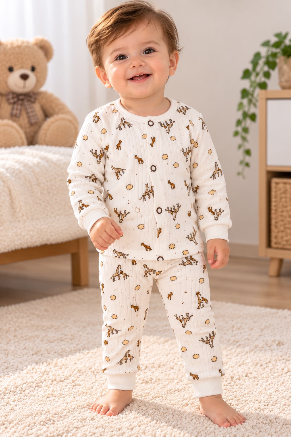 %100 Pamuk Kumaş Geyikli Çıtçıtlı Fitilli Pijama takımı