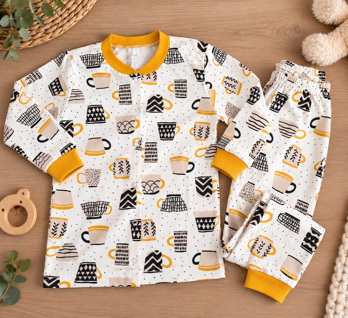 % 100 Pamuk Çıtçıtlı Kahveli Pijama Takımı