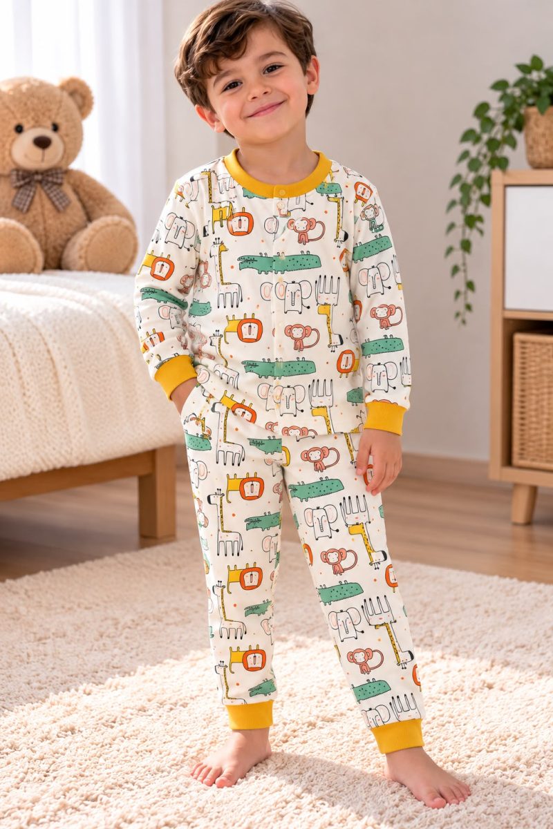 % Pamuk Çıtçıtlı Beyaz Orman Pijama Takımı