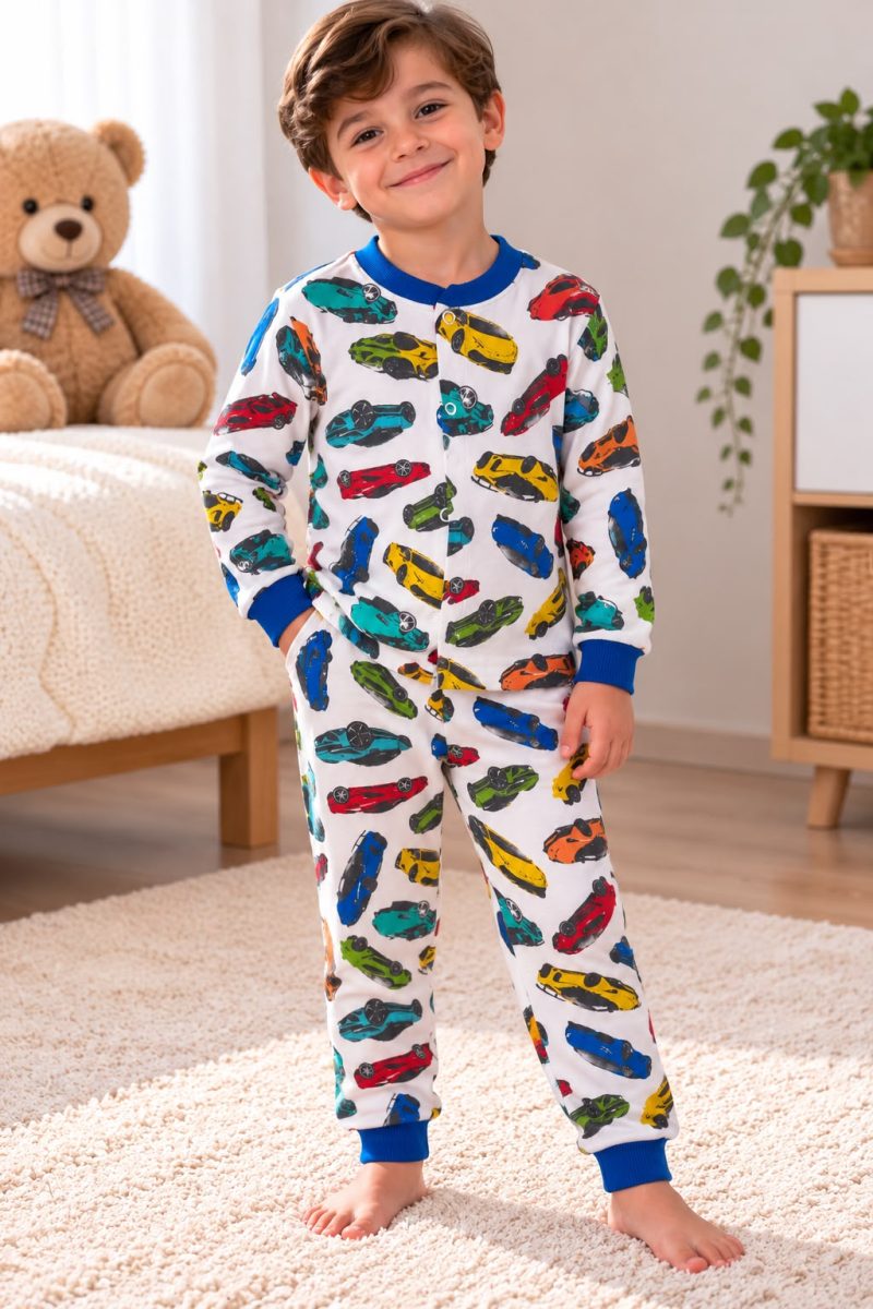 % 100 Pamuk Çıtçıtlı  Arabalı Pijama Takımı