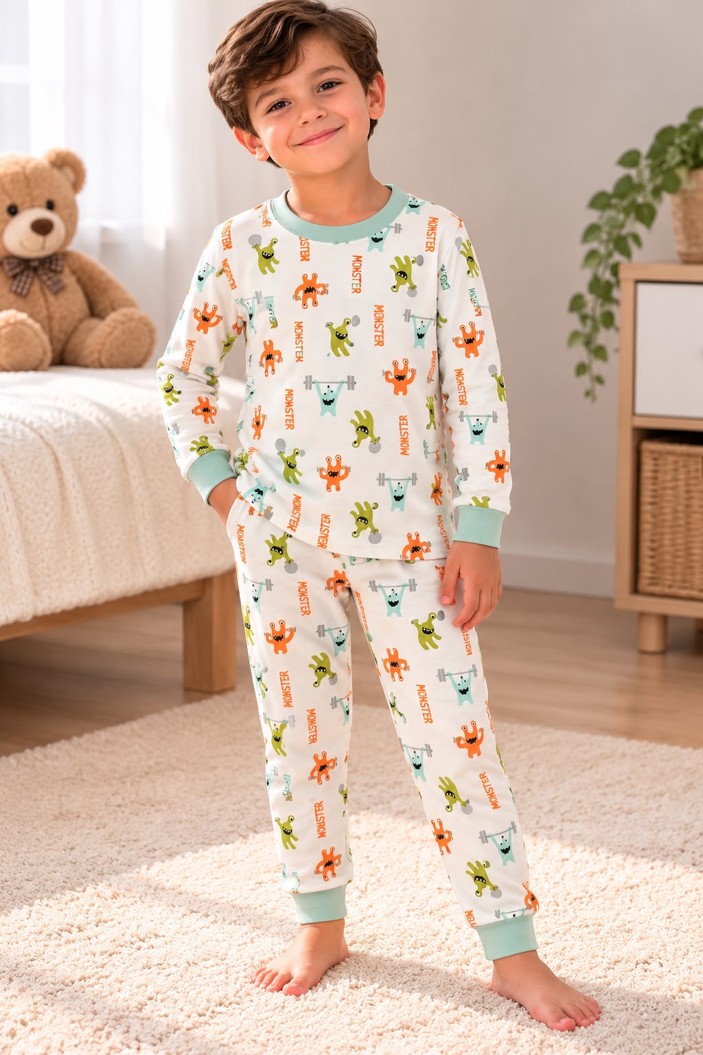 % 100 Pamuk Kumaş Monster Pijama Takımı