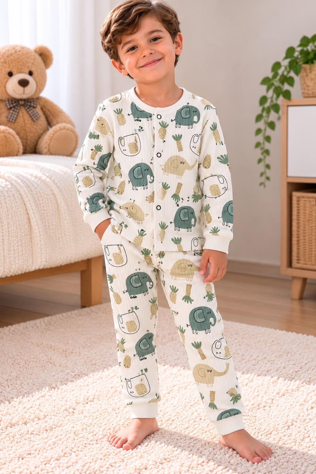 % 100 Pamuk Kumaş Fitilli Çıtçıtlı  Filli Pijama Takımı
