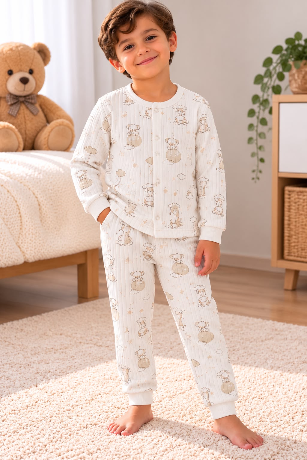 % 100 Pamuk Kumaş Çıtçıtlı Fitilli Yavru Fil Fitilli Pijama Takımı