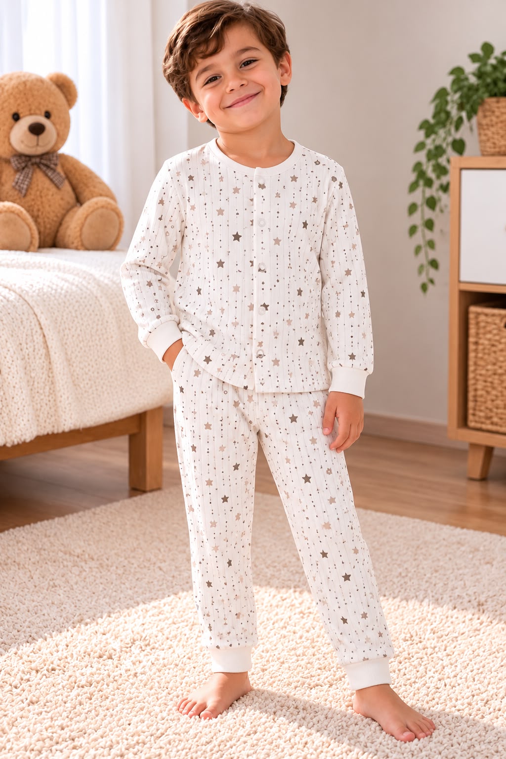 % 100 Pamuk Çıtçıtlı Fitilli  yıldızlı  Çıtçıtlı Pijama Takımı