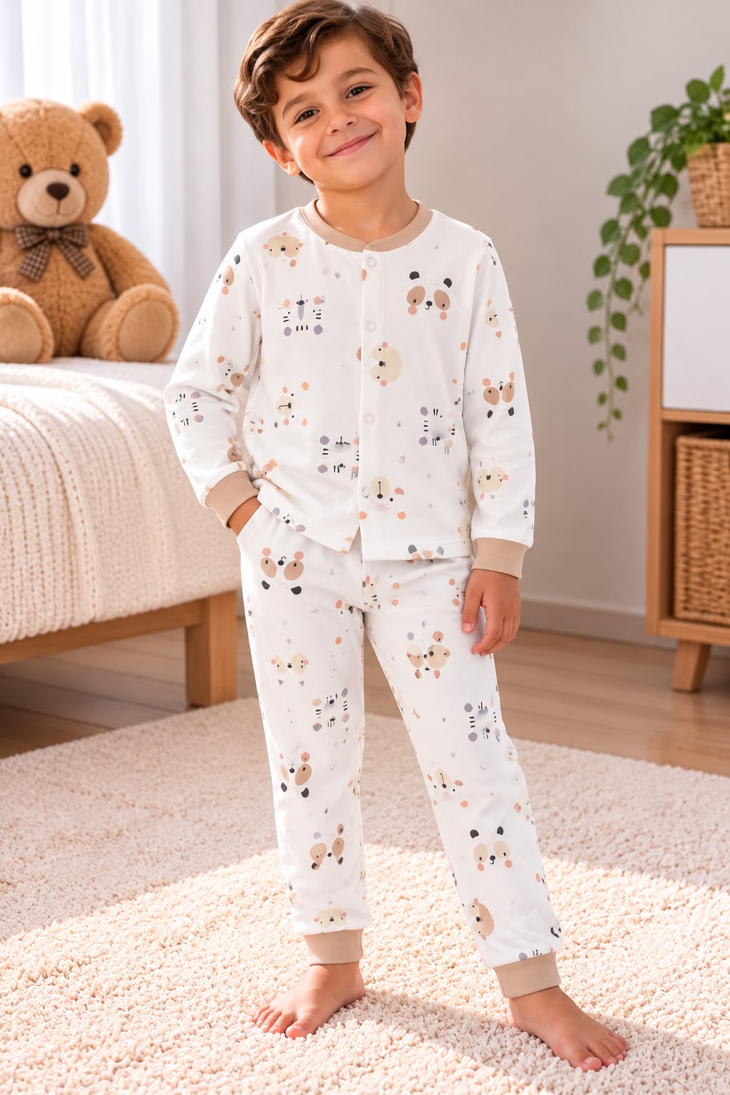 % 100 Pamuk Çıtçıtlı İnsan Suratlı Pijama Takımı