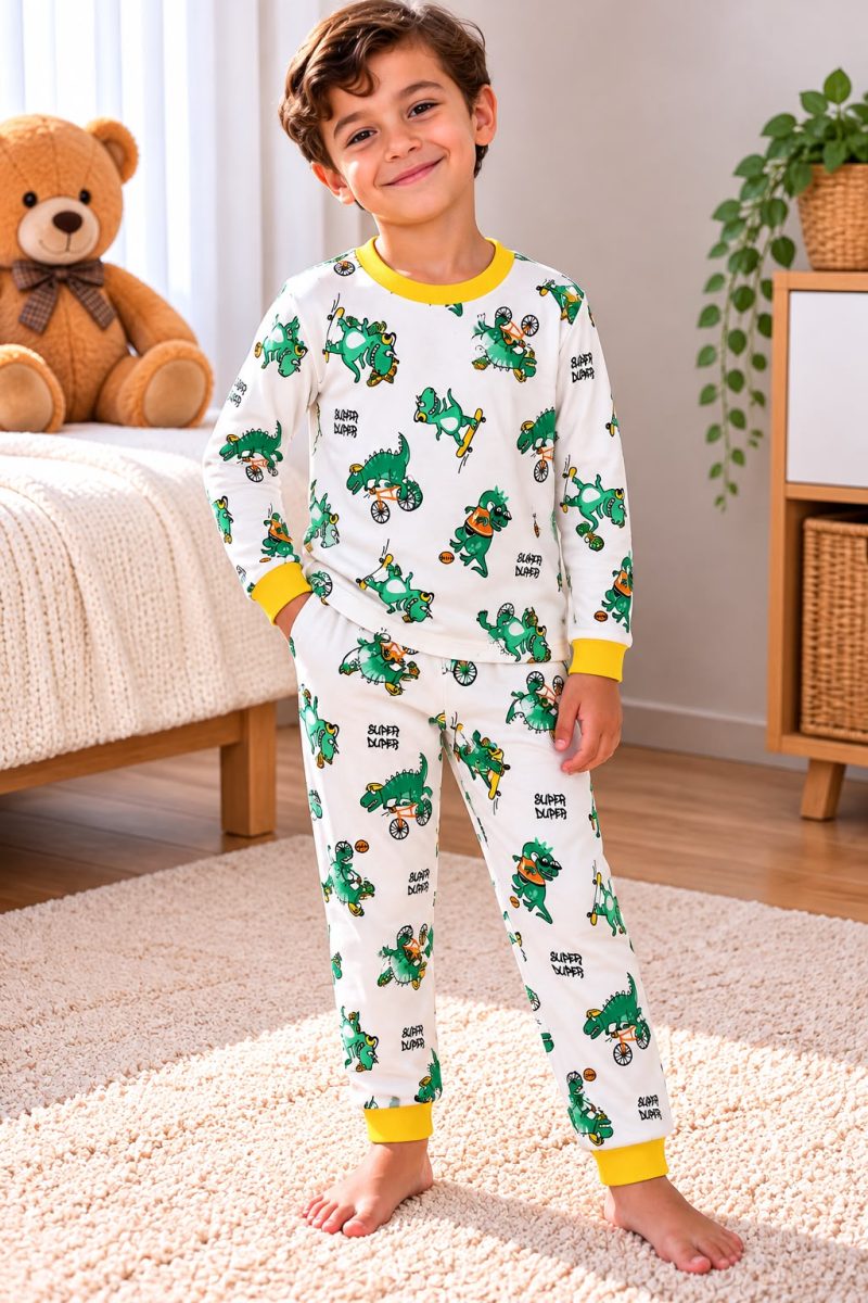 % 100 Pamuk Bisiklete Binen Dino Pijama Takımı
