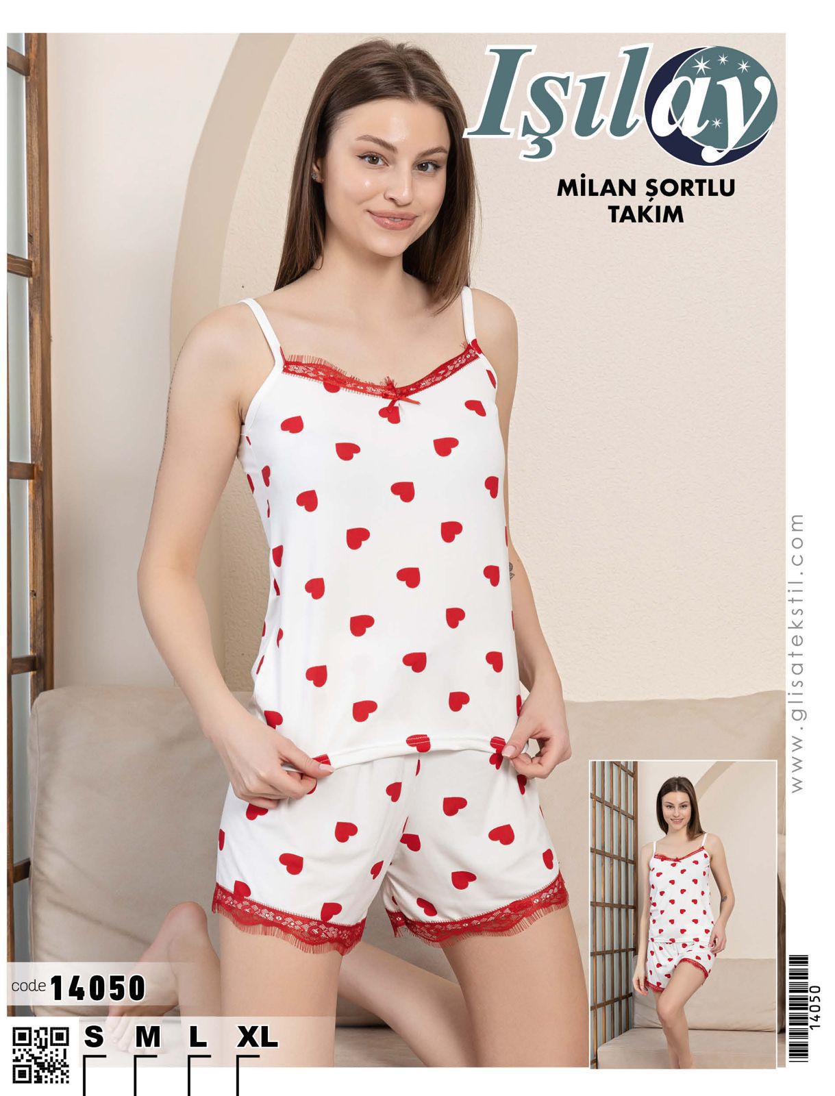 İp Askılı Şortlu Kalpli Pijama Takımı