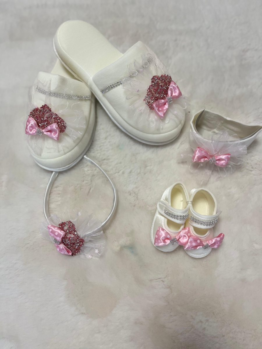 Pembe Taşlı Terlik Bandana Taç Ayakkabı 4 Lü Lohusa  Set