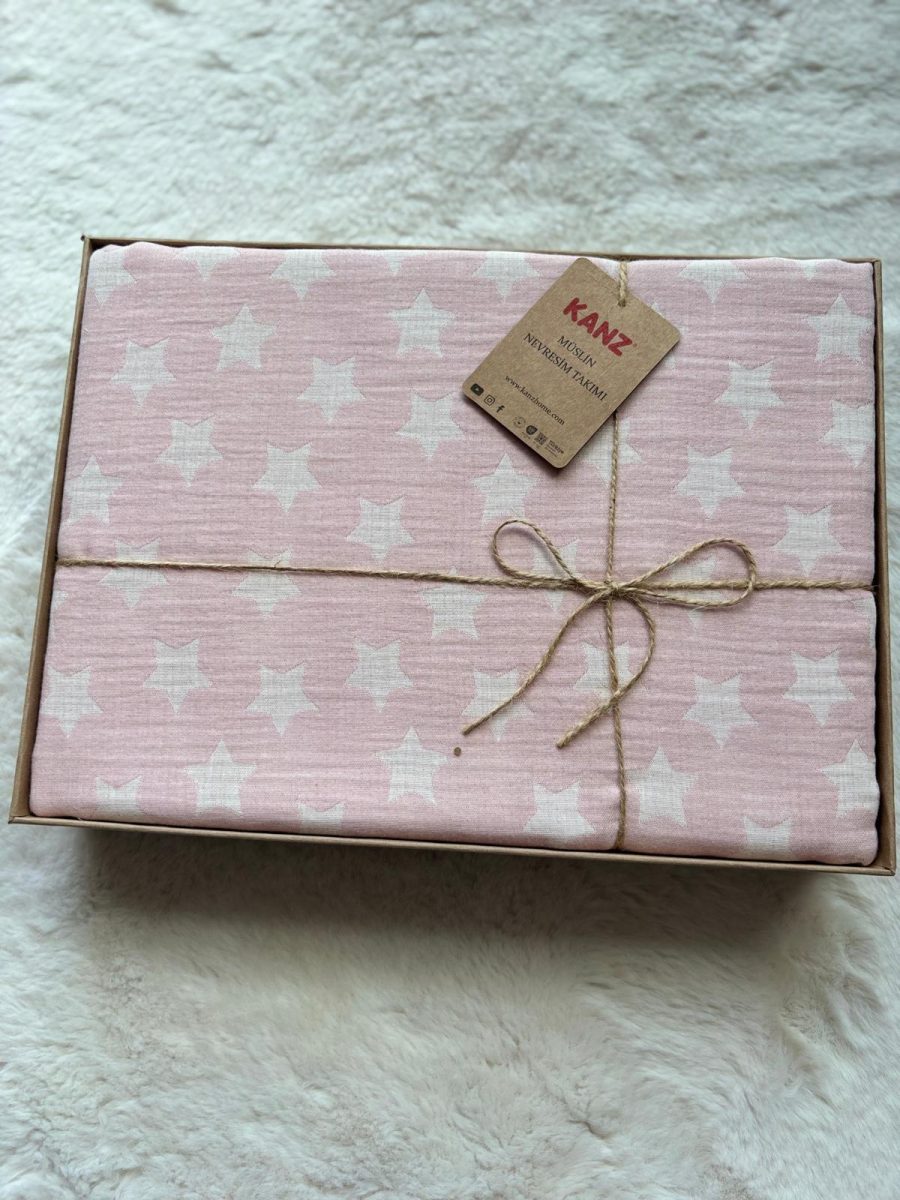 Pembe Müslin Bebek Nevresi Takımı(nevresim100*150cn/çarşaf110*160cm/yastık 35*45cm