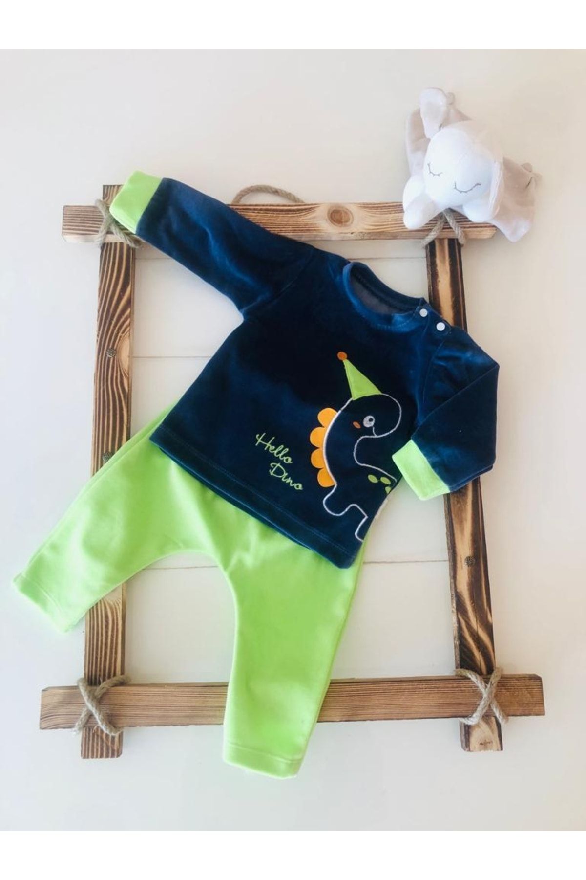 Erkek Bebek 2'li Kadife Takım Şapkalı Dino